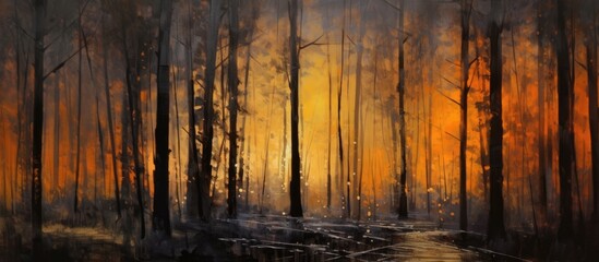 Canvas Print - serene night of the forest, a grill crackled and spat fire, enveloped in a swirling haze of smoke, casting abstract shadows against the black backdrop. The vibrant orange and flickering light danced