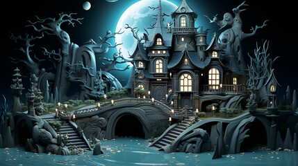 Free_photo_3D_Halloween_castle_with_bats_in_the_sky