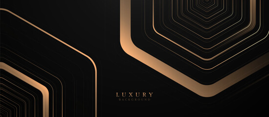 Poster - Luxury abstract hexagon geometric line on a dark background. Trendy minimal geometric gold banner. Vector illustration