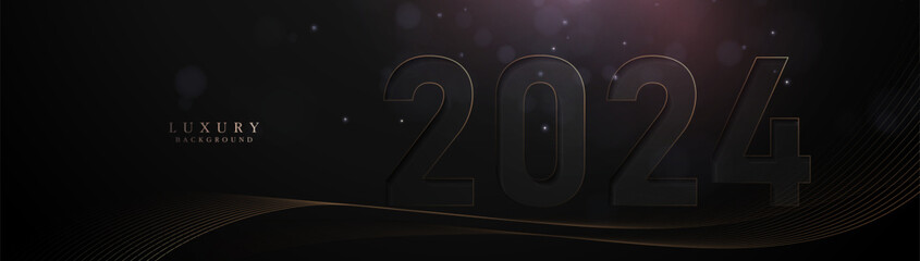 Poster - Happy New Year celebration 2024 banner. Abstract luxury gold line with light shine bokeh on a dark background. Illustration vector