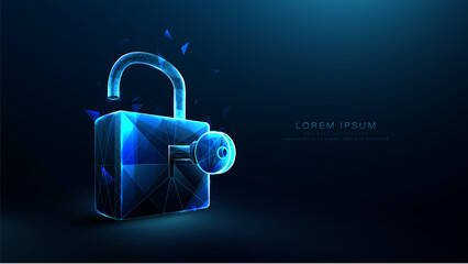 Aufkleber - Padlock and Key. Cyber security. Polygonal wireframe mesh lines and triangles, point connecting network on blue background. Illustration vector
