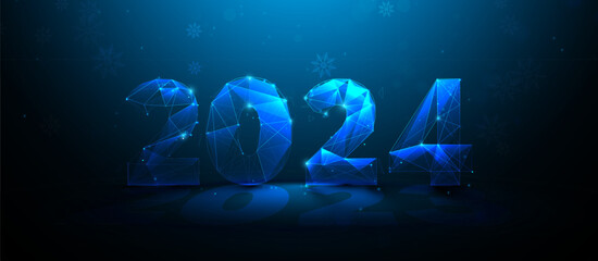 Poster - Happy New Year 2024. Polygonal wireframe mesh lines and triangles, point connecting network on blue background. Illustration vector