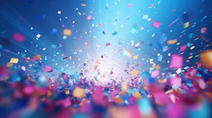 Wall Mural - A festive and colorful party with flying neon confetti on a purple, red and blue background