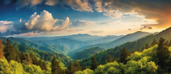 Canvas Print - In the dazzling summer sky, against a backdrop of lush green trees, the vibrant red and blue hues of the mountains create a breathtaking landscape, enticing travelers to immerse themselves in the