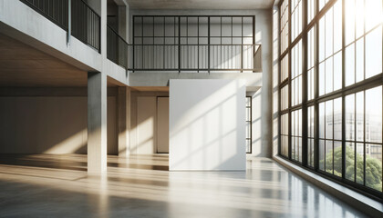 Aufkleber - Chic loft space with blank white poster and natural sunlight. Modern interior design. Generative AI