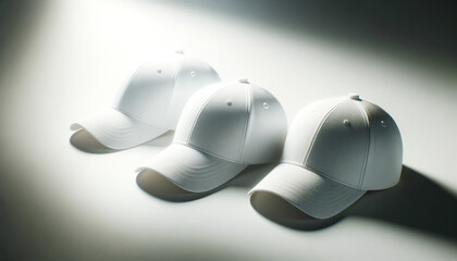 Wall Mural - Three white baseball caps in a row, soft gradient background. Group presentation mockup. Generative AI