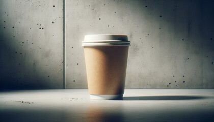 Poster - Single paper coffee cup against a textured concrete wall, focused lighting. Generative AI
