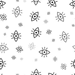 Poster - Seamless vector pattern with vision symbols, creating a creative monochrome background with rotated elements. Vector illustration on white background