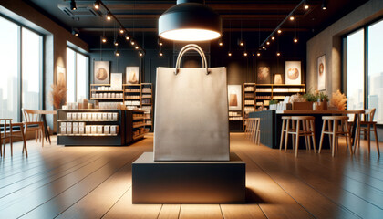 Poster - Shopping bag under spotlight in a modern boutique interior. Retail and presentation concept. Generative AI
