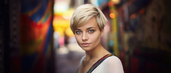 Wall Mural - Gorgeous short haired blond caucasian woman looking at the camera