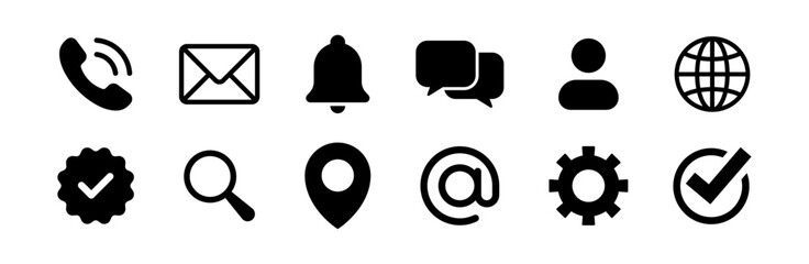 Aufkleber - Contact us icon set. Web icons , address, call, location, globe, world, message, mail, envelope, chat, check mark, search, magnifying glass, website, icon - Contact information icons for business card