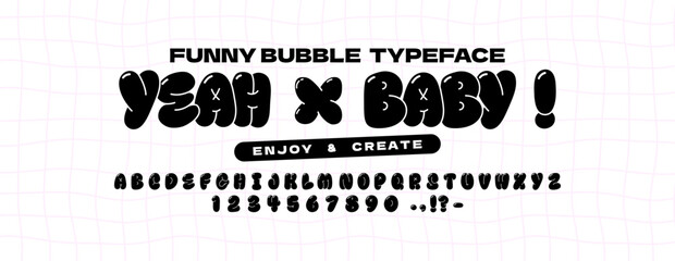 Poster - Bubble abstract shapes alphabet font. Funky balloon organic typeface in trendy retro y2k style.