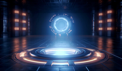 Poster - Illuminated futuristic portal in a sci-fi hallway. Technology concept on dark background. Generative AI