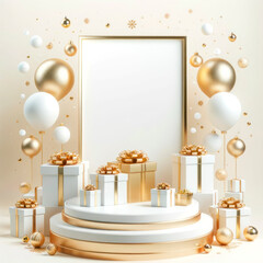 Poster - Podium with white and golden balloons, gift boxes and confetti. Generative AI
