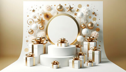 Poster - Abstract background, podium for product display, blank round frame, christmas decoration. Generative AI