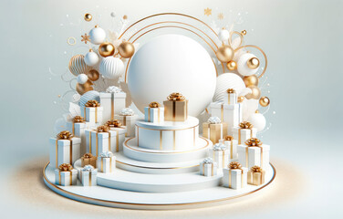 Poster - White podium with white gift boxes and christmas balls. Generative AI
