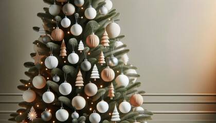 Poster - Christmas tree decorated with white and gold baubles. Generative AI