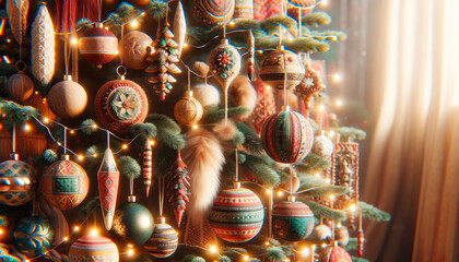 Poster - Christmas tree decorated with toys and garlands. Christmas and New Year background. Generative AI