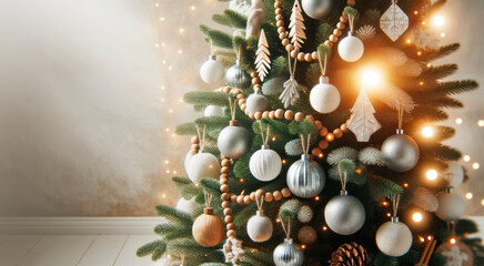 Poster - Decorated Christmas tree in living room interior with garland lights. Generative AI