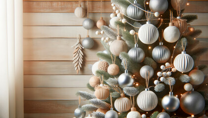 Aufkleber - Christmas tree decorated with silver balls and garlands on wooden wall background. Generative AI