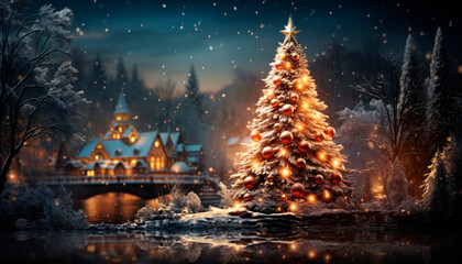 Aufkleber - Christmas and New Year holidays background. Christmas tree on a background of winter forest and bridge. Generative AI