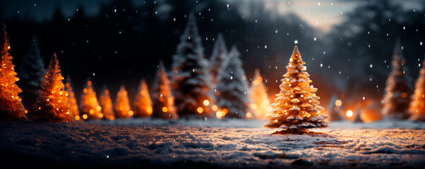Poster - Fir trees covered with snow in winter forest at night. Christmas background. Generative AI