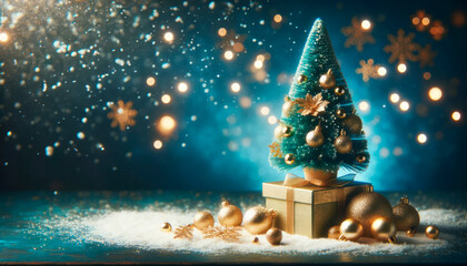 Aufkleber - Christmas greeting card with gift box and Christmas tree on snow. Copy space. Generative AI