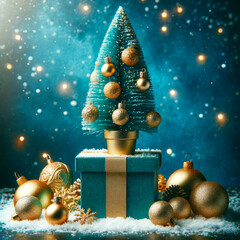 Poster - Christmas background with christmas tree, gift box and golden balls. Generative AI