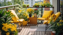 Beautiful Balcony With Comfortable Chairs, Wooden Table And Many Potted Flowers Plants. Generative AI