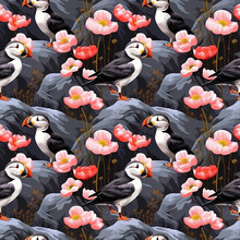 Ilustrated pattern with black volcanic substrate and colorful puffin birds. iceland. Seamless pattern. Digital paper art.