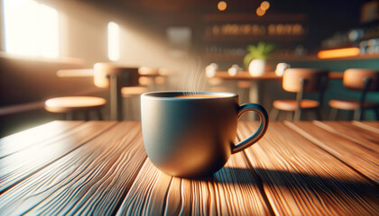 Aufkleber - Coffee cup on wooden table casting warm light in cafe. Generative AI