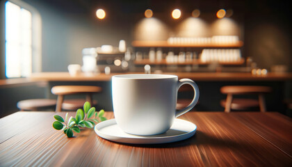 Aufkleber - Steaming coffee mug on wooden table with cafe atmosphere in the background. Generative AI