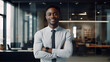 A young black business man stands confidently, his crisp shirt with rolled up sleeves and popped collar reflecting his relaxed demeanor as he flashes a charming smile, exuding effortless style