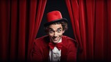 Fototapeta Do akwarium - Man in red suit and top hat peeks from behind curtain.