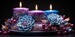 Kerzen mit Flammen zu Weihnachten als Adventskranz in blau und pink mit wunderschöner Dekoration im Querformat als Banner, ai generativ