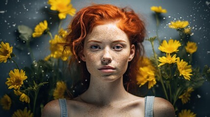 Poster -  a woman with freckles of freckles on her face stands in front of a field of yellow flowers.