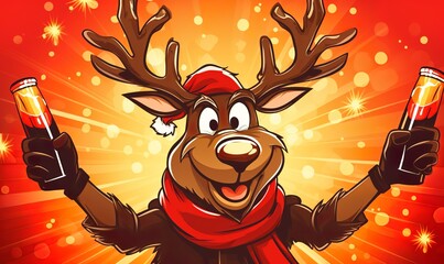 Sticker - funny drunk christmas reindeer with red nose