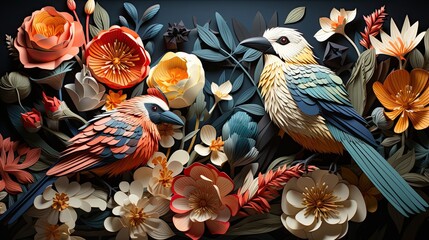 Wall Mural - Organic forms and vibrant colors of colourful birds and flowers.