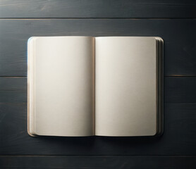 Poster - Open notebook with blank pages on dark wooden background. Workspace simplicity. Generative AI