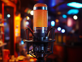 Aufkleber - Vintage microphone with warm bokeh lighting. Generative AI