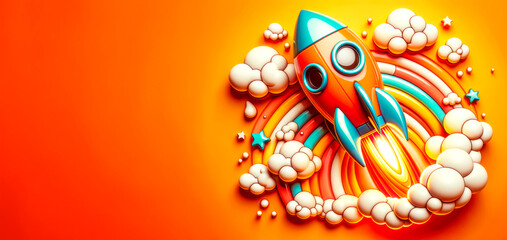 Aufkleber - Vibrant rocket launch with dynamic motion on orange backdrop. Generative AI