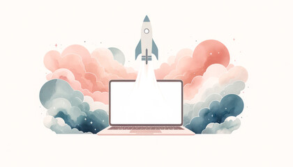 Aufkleber - Stylish laptop with ascending rocket, soft cloud illustration. Generative AI