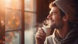© Hifzhan Graphics - Portrait of a white male drinking hot coffee against morning vibes background with space for text, AI generated, background image