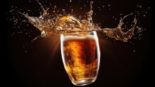  A Close Up Of A Glass Of Beer With A Splash Of Water On Top Of The Glass And On The Bottom Of The Glass Is A Black Background.