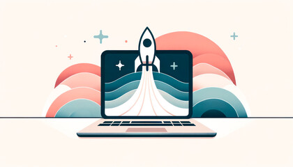Aufkleber - Minimalist rocket design on laptop with abstract waves, Generative AI
