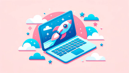 Aufkleber - Pastel-toned laptop with rocket launch graphic, Generative AI