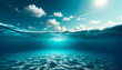 Underwater scene with sunbeams filtering through the water. Calm ocean background. Generative AI