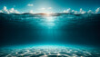 Calm underwater scene with sunrays reaching the seabed. Peaceful ocean background. Depth exploration concept. Generative AI