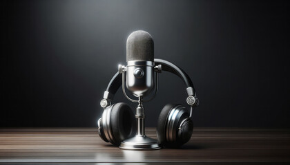 Poster - Silver vintage microphone standing upright on polished wooden table. Audio recording concept. Generative AI