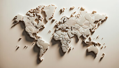 Poster - Monochromatic 3D world map with stylized topography on a light background. Geometric texture concept. Generative AI